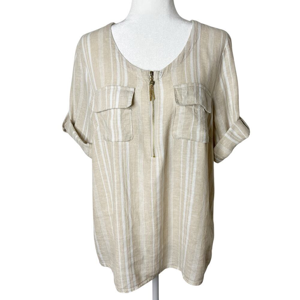 Ellen Tracy Women's Linen Tunic Top M Beige Striped Half Zip Utility Tab Sleeve